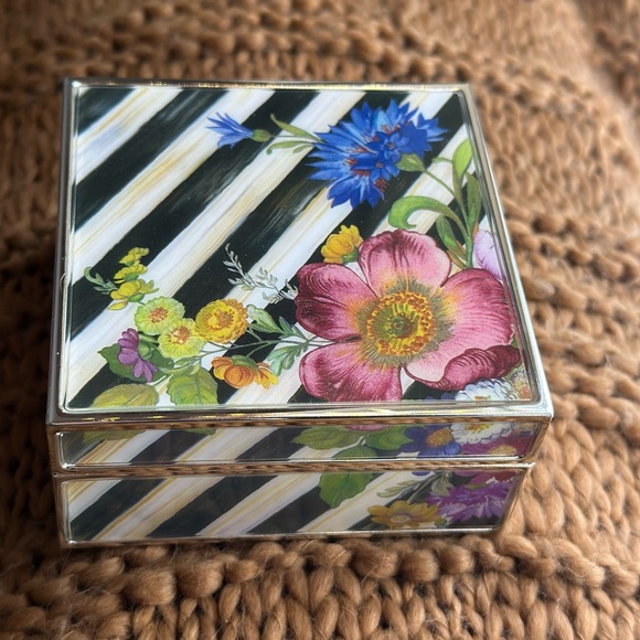 MacKenzie-Childs Other - MacKenzie-Childs trinket box 3.5 x 3.5 floral striped velvet lined glass
